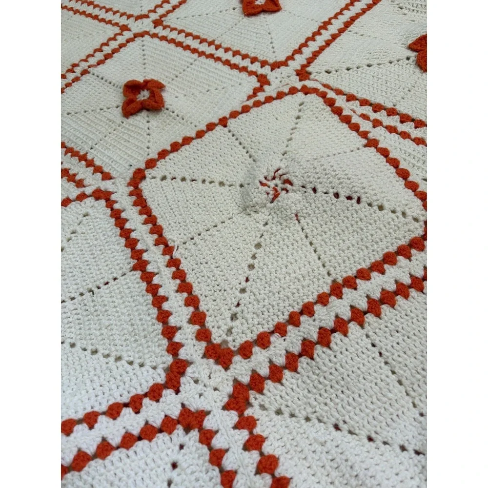 Handmade Crochet Bedspread 61x87 White Orange 3D Floral Granny Square Retro‎